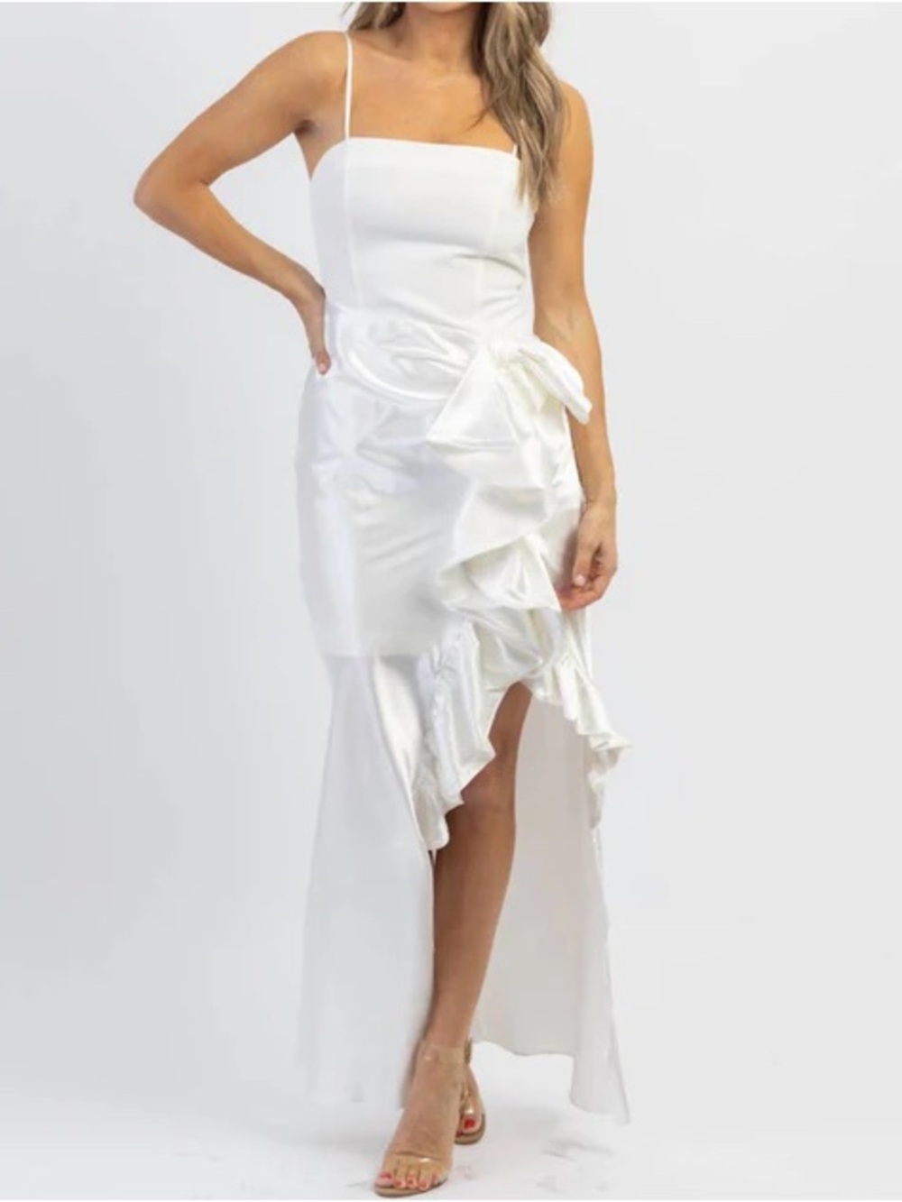 Mable Siobhan White Satin Side Ruffle Maxi Dress Bridalcore Wedding Guest Formal